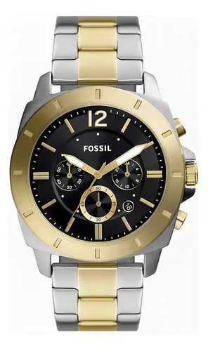 Reloj Para Caballero Fossil Bq2815 Correa Dorado Con Plateado Bisel Dorado Fondo Negro