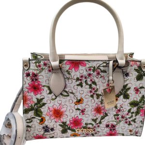 Cartera Guess Original Kinsley Floral Blanco/multicolor Logo Marca Oro Beige
