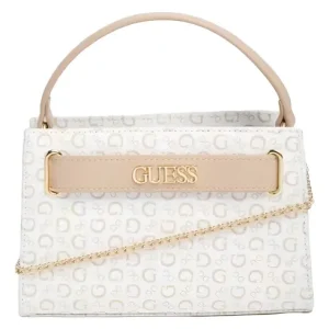 Cartera Guess Original, Penny Mini Satchel Blanco/beige Logo Marca Oro Dorada